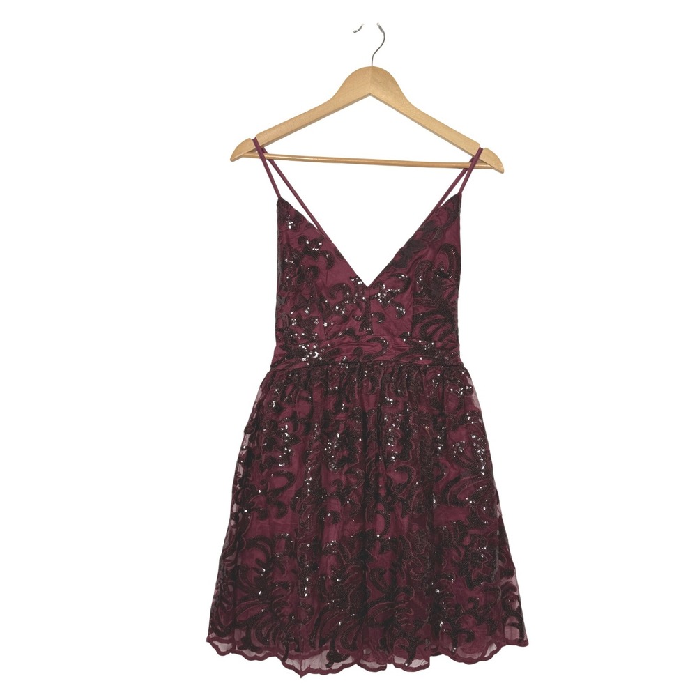 Lulus Sweetest Celebrations Wine Red Sequin Skater Mini Dress Women Sm Burgundy
